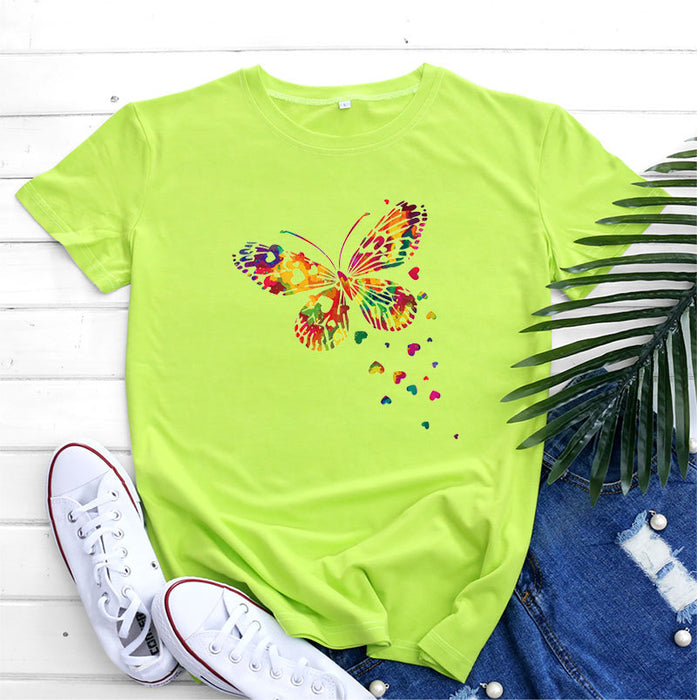 Women's Fashion Casual Heart Butterfly Printed Cotton Round Neck Short Sleeve