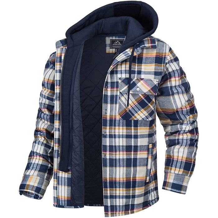 Men's Plaid Hooded Coat Winter Warm Button Zip-up Jacket Fashion Casual Thick Padded Long Sleeves Outerwear Clothing