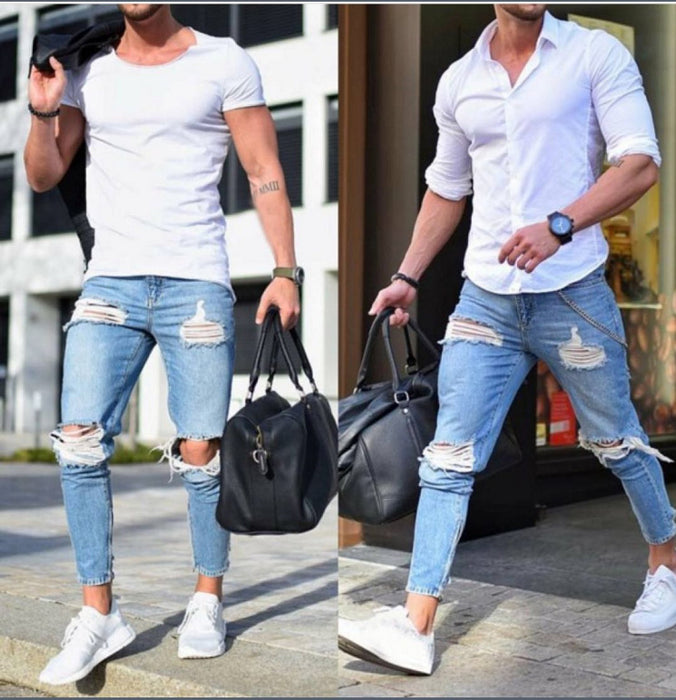 European And American Men's Skinny Jeans Light Color Hole Skinny Pants