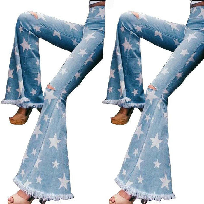 Women's Star Print Ripped Jeans Fringed Flared Pants