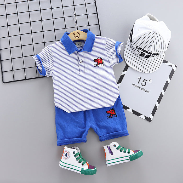 Two-piece cartoon short-sleeved striped polo shirt