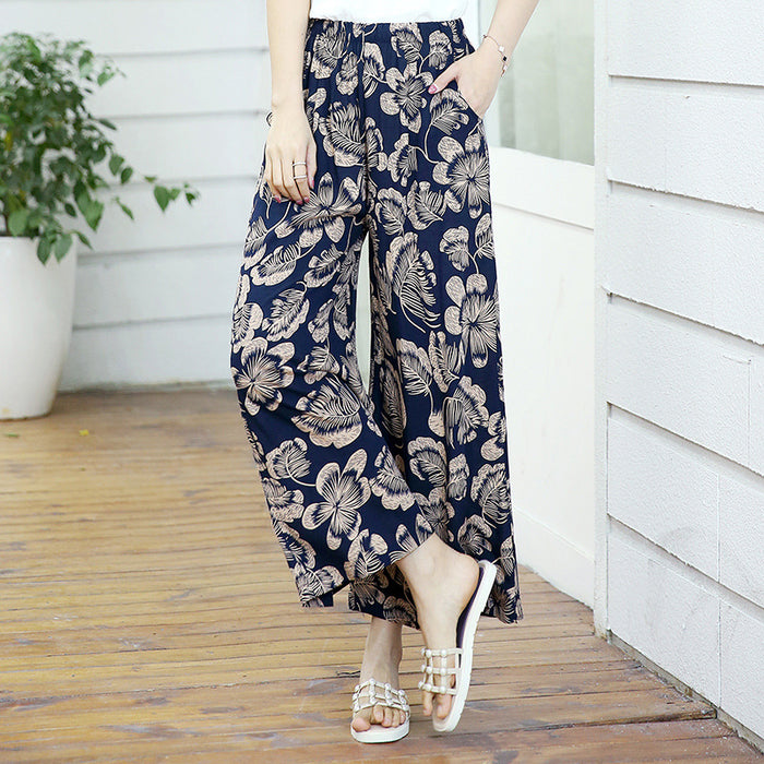 Elastic Waist Mother Wide Leg Pants Floral Pants