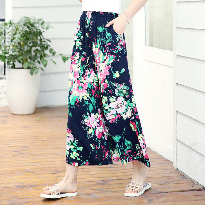 Elastic Waist Mother Wide Leg Pants Floral Pants