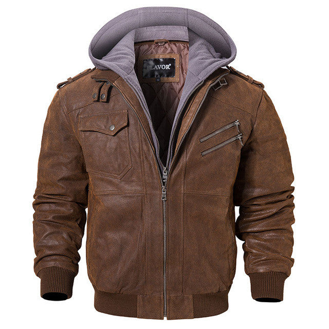 Men Real Leather Jacket Removable Hood