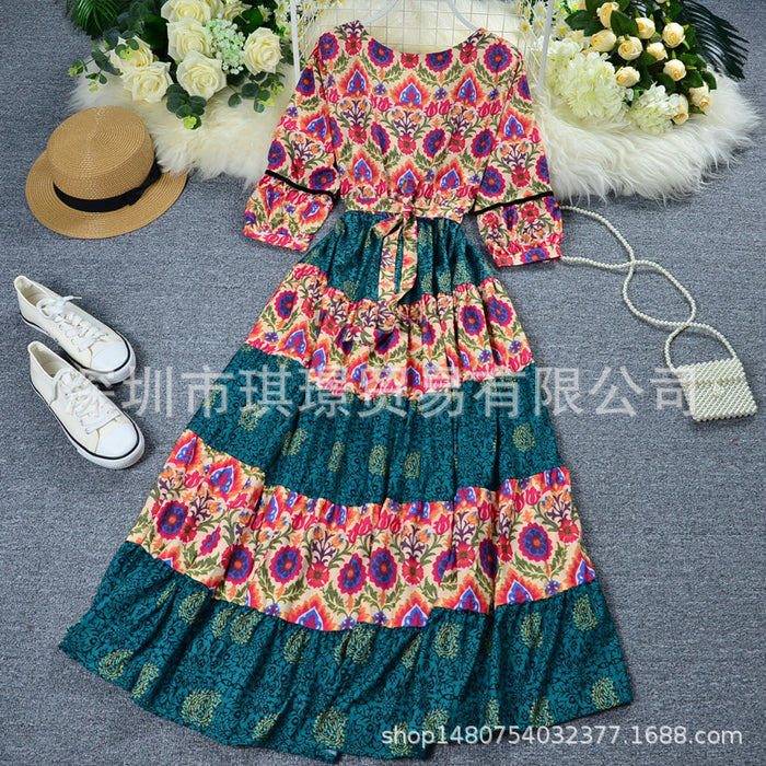 Shao Same Style Bohemian Retro Ethnic Style V-neck Puff Sleeve Travel And Vacation Embroidered Dress