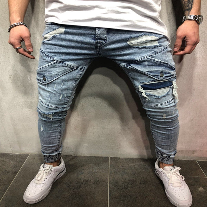 new men's slim jeans black hole men's denim beam blue feet pants