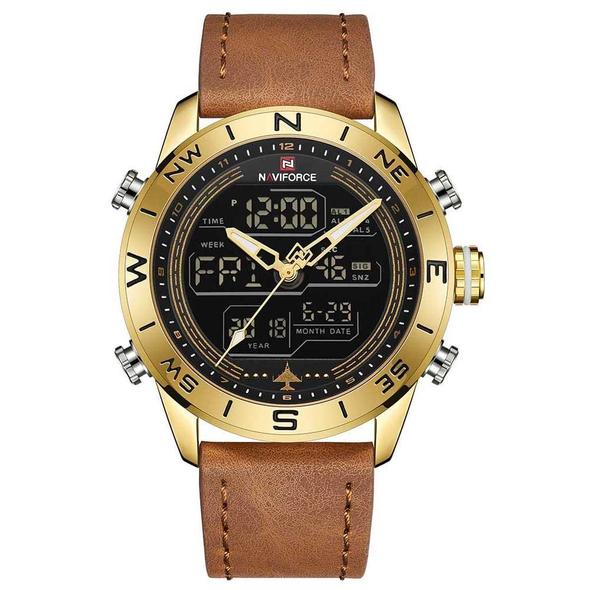 NAVIFORCE 9144 Mode Gold Männer Sport Uhren Herren LED Analog Digital Uhr Armee Militär Leder Quarzuhr Relogio Masculino