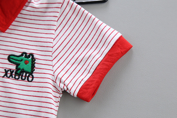 Two-piece cartoon short-sleeved striped polo shirt