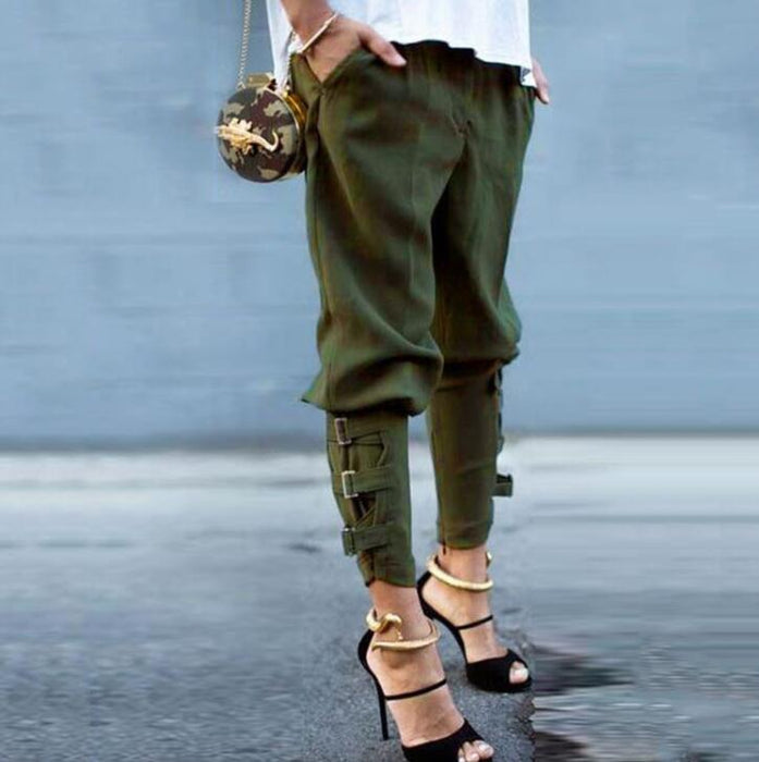 Women's solid color casual strap trousers pants pants