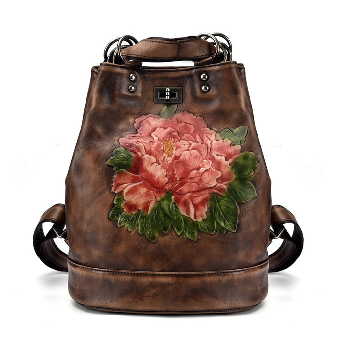 Women Retro Leather Women Bag Tree Cream Leather Backpack