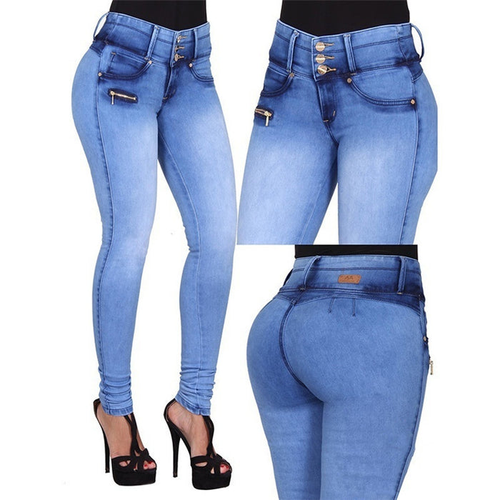 Women's blue button zipper jeans