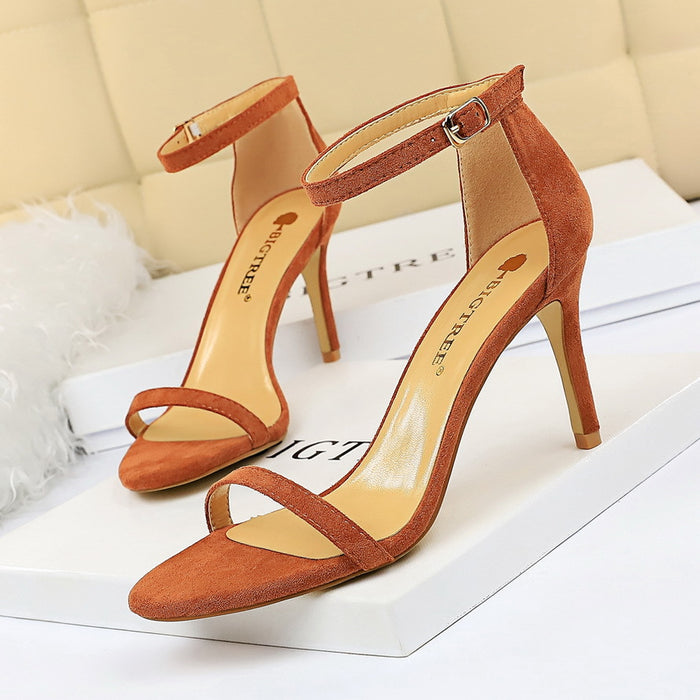 High-heeled suede open-toe pumps