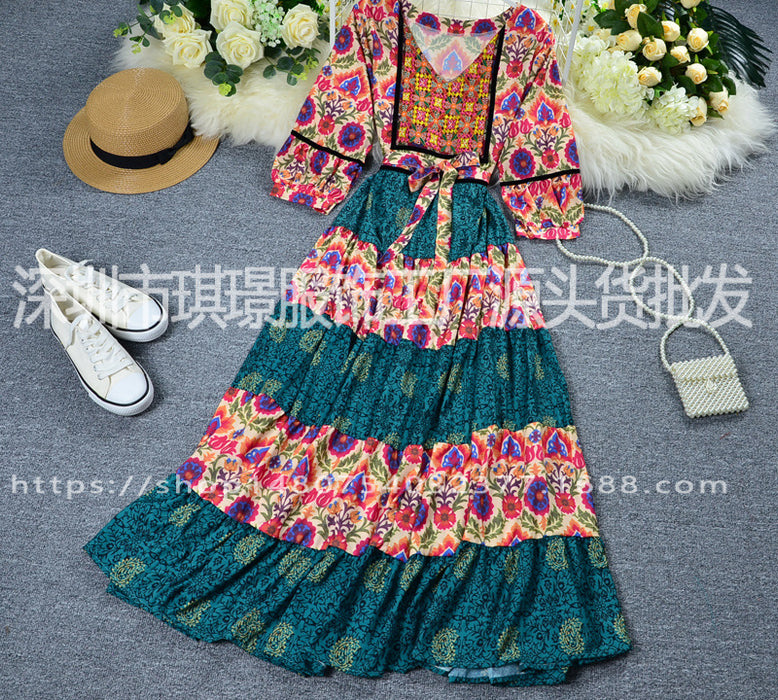 Shao Same Style Bohemian Retro Ethnic Style V-neck Puff Sleeve Travel And Vacation Embroidered Dress