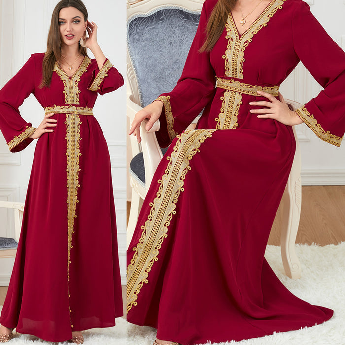 Women's Temperament Fashion Solid Color Stitching Embroidery Long-sleeved Dress