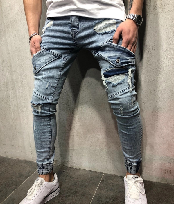 new men's slim jeans black hole men's denim beam blue feet pants