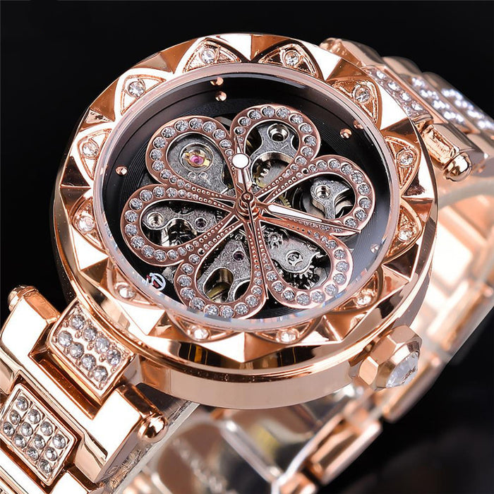 Forsining Mechanical Automatic Ladies Watches Top Brand Luxury Rhinestone Female Wrist Watches Rose Gold Stainless Steel Clock