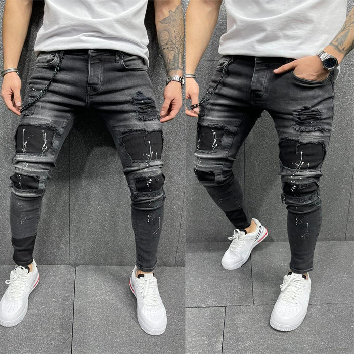 Men's New Patch Ripped Elastic Skinny Jeans