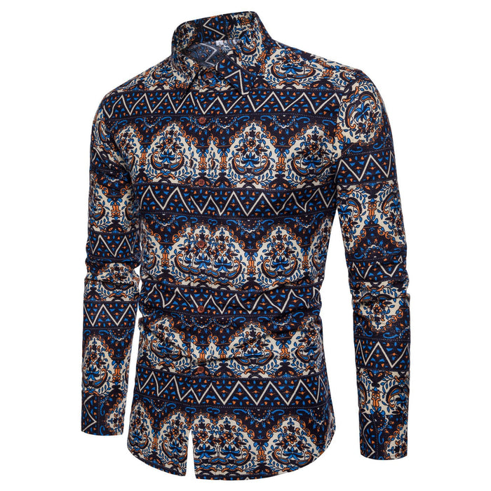 Men Long Sleeve Cotton Flower Shirt