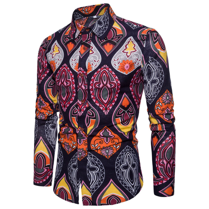 Men Long Sleeve Cotton Flower Shirt