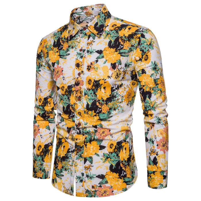 Men Long Sleeve Cotton Flower Shirt