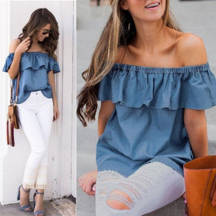 Women Off Shoulder Tops T-Shirts Summer Casual Cotton Denim