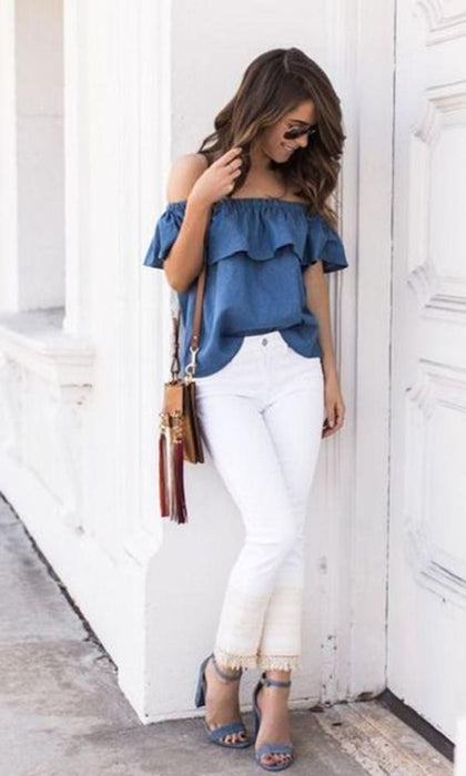 Women Off Shoulder Tops T-Shirts Summer Casual Cotton Denim