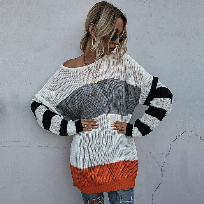 Women s Striped Round Neck Knitted Sweater