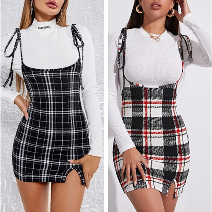 Fashion Plaid Sexy Sling Split Hip Dress