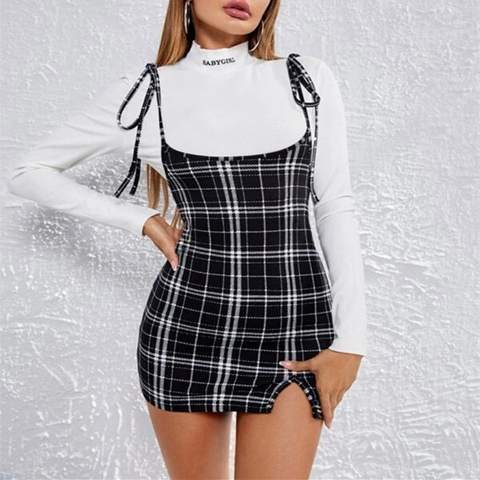 Fashion Plaid Sexy Sling Split Hip Dress