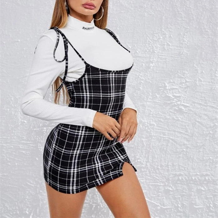 Fashion Plaid Sexy Sling Split Hip Dress