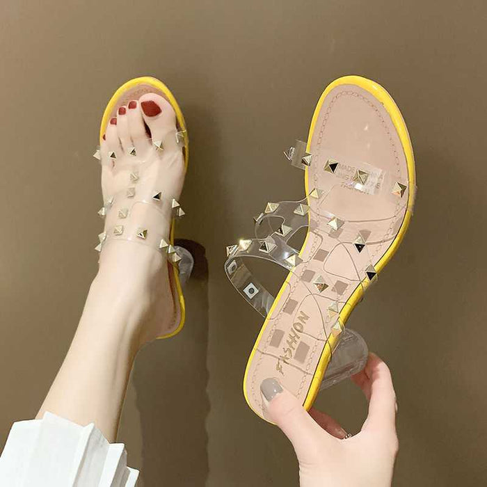 One Word With Rivet Transparent High-heeled Sandals Women Thick Heel Sandals Women