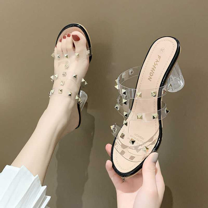 One Word With Rivet Transparent High-heeled Sandals Women Thick Heel Sandals Women