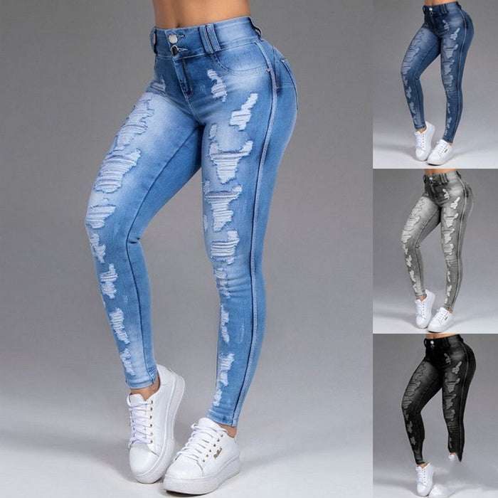 Ladies Jeans Ripped Holes Show Thin Stretch Jeans Trousers Women Trousers