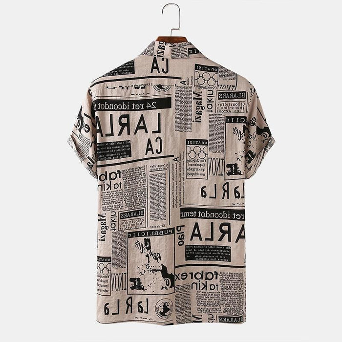 Men Shirts Vintage Newspaper Print Hawaiian Shirt