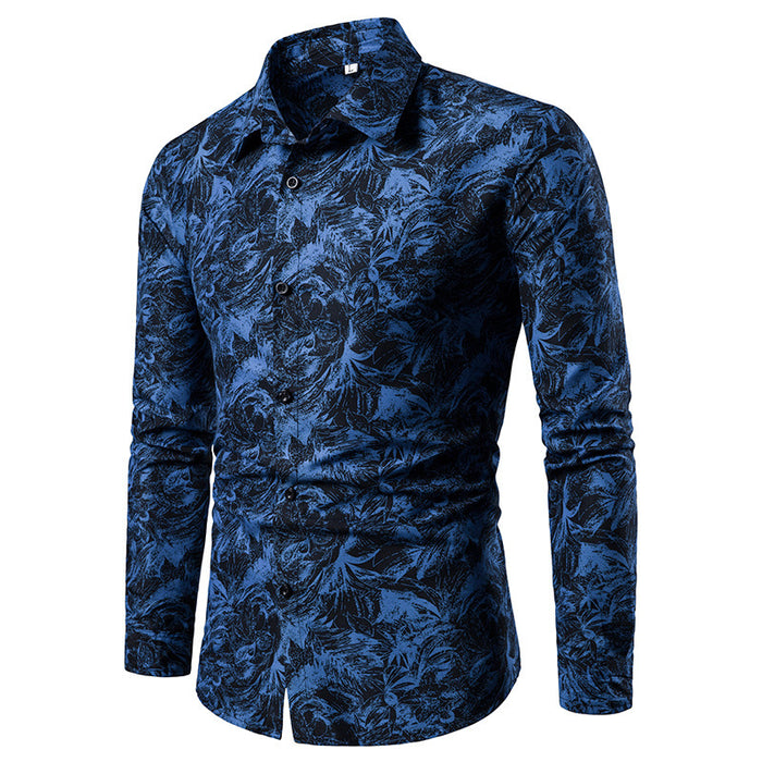 Mens Shirt Printed Casual Long Sleeved Shirt Slim Fit Male Social Dress Shirt For Men