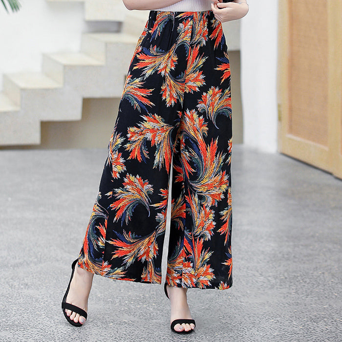 Elastic Waist Mother Wide Leg Pants Floral Pants