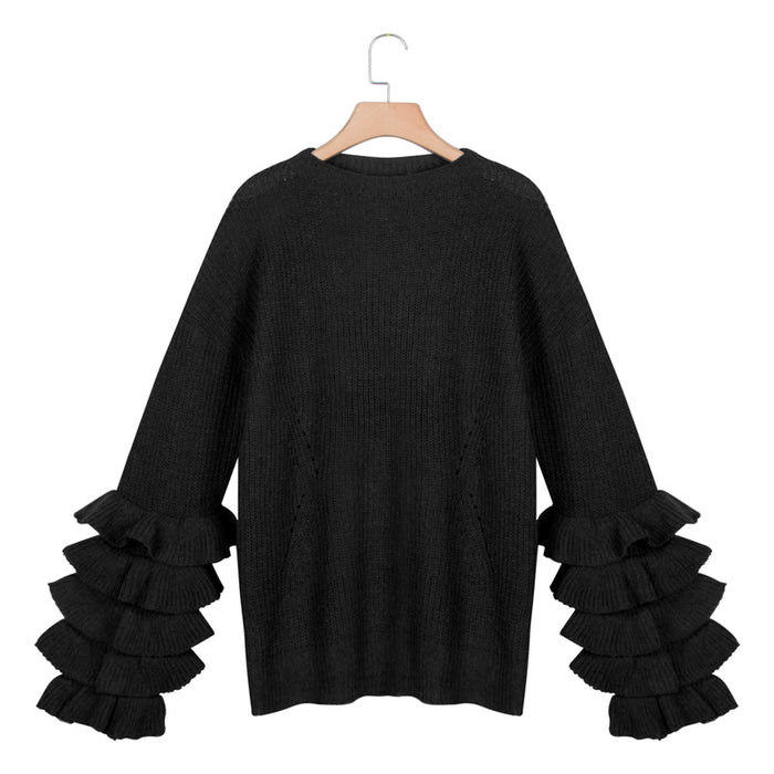 Petal Sleeve Casual Solid Color Ladies Sweater