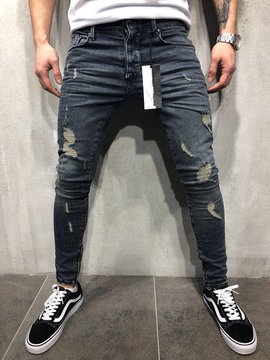 Customized models Europe and the United States high street tide men's hole jeans stretch large size pants slim pants Biker jeans