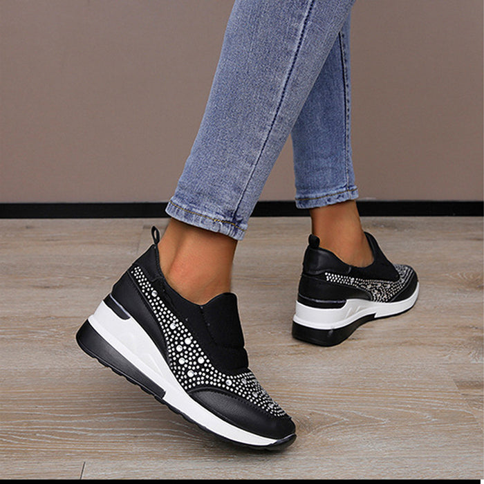 Rhinestone Wedges Flats Shoes Women Inner Height Increasing Shoes Sneakers