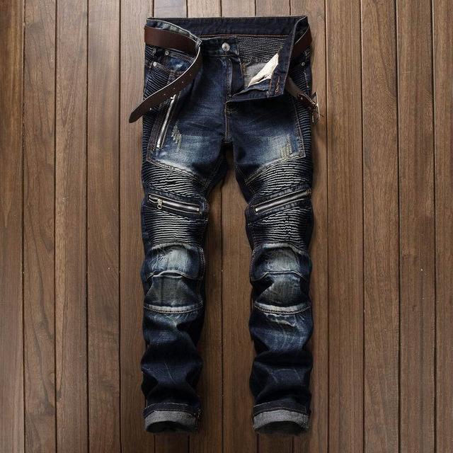 Men Pleated Biker Jeans