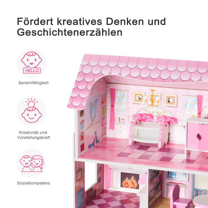 Rosafarbenes Puppenhaus-Spielset aus Holz mit Möbeln und Zubehör, Traumhaus-Spielzeugset, 3+