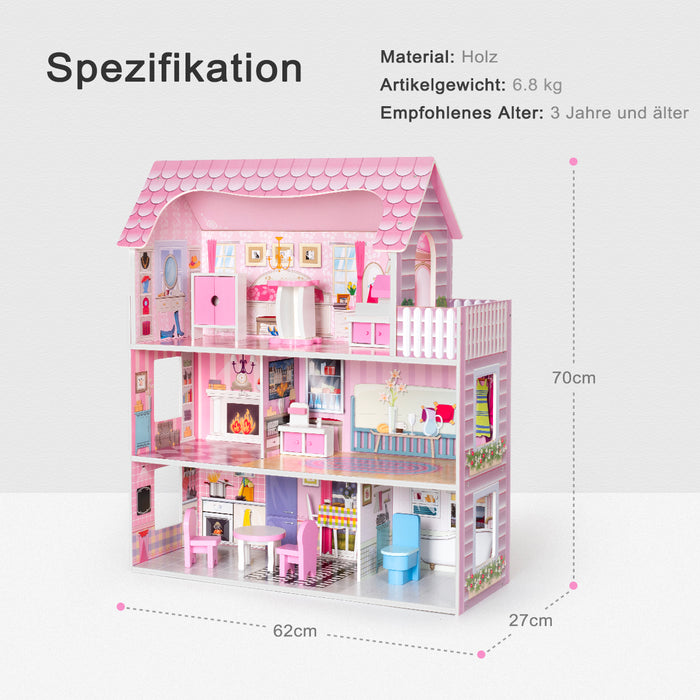 Rosafarbenes Puppenhaus-Spielset aus Holz mit Möbeln und Zubehör, Traumhaus-Spielzeugset, 3+