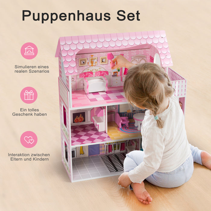 Rosafarbenes Puppenhaus-Spielset aus Holz mit Möbeln und Zubehör, Traumhaus-Spielzeugset, 3+