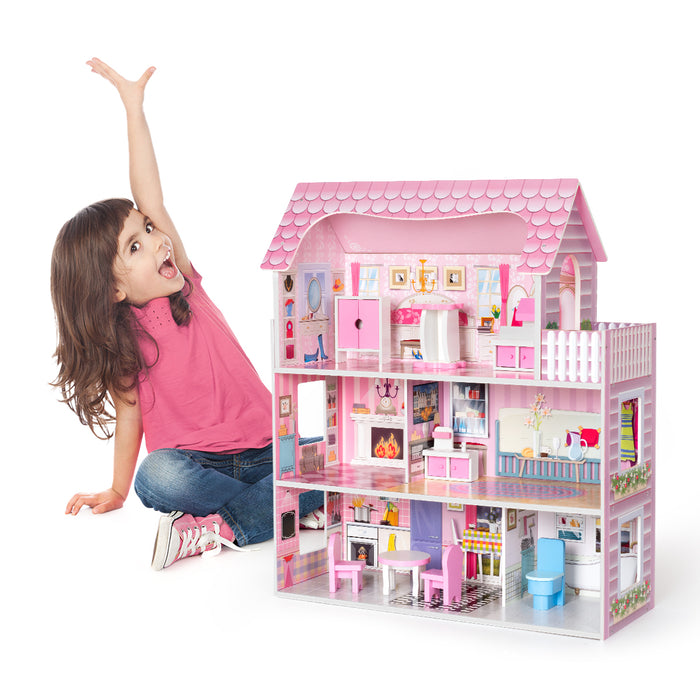 Rosafarbenes Puppenhaus-Spielset aus Holz mit Möbeln und Zubehör, Traumhaus-Spielzeugset, 3+