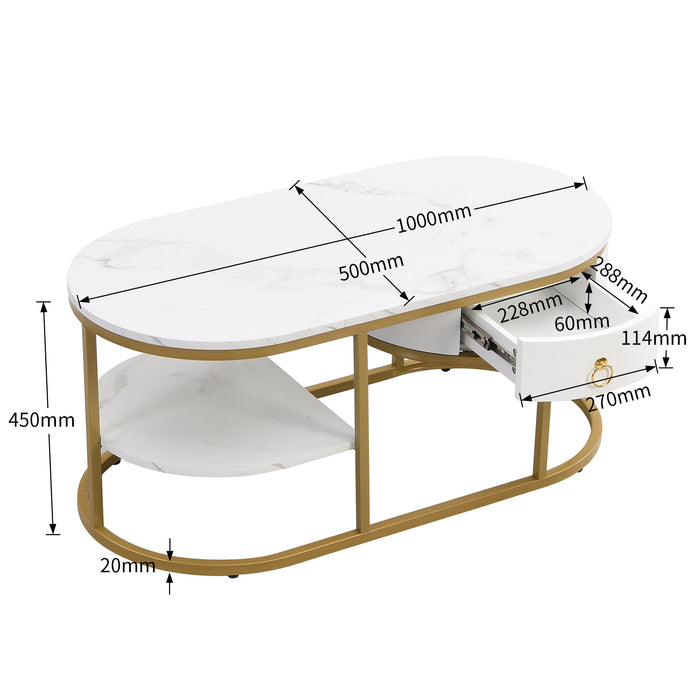 Couchtisch, Wohnzimmertisch, Couchtisch mit Marmoroptik und goldenem Eisengestell, mit Schubladen und Ablageflächen. Beistelltisch mit goldenen Griffen.