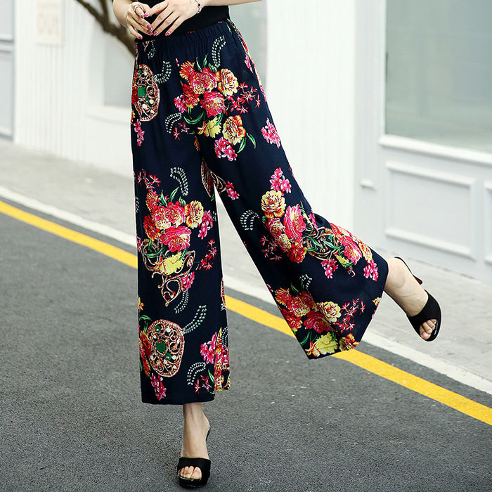 Elastic Waist Mother Wide Leg Pants Floral Pants