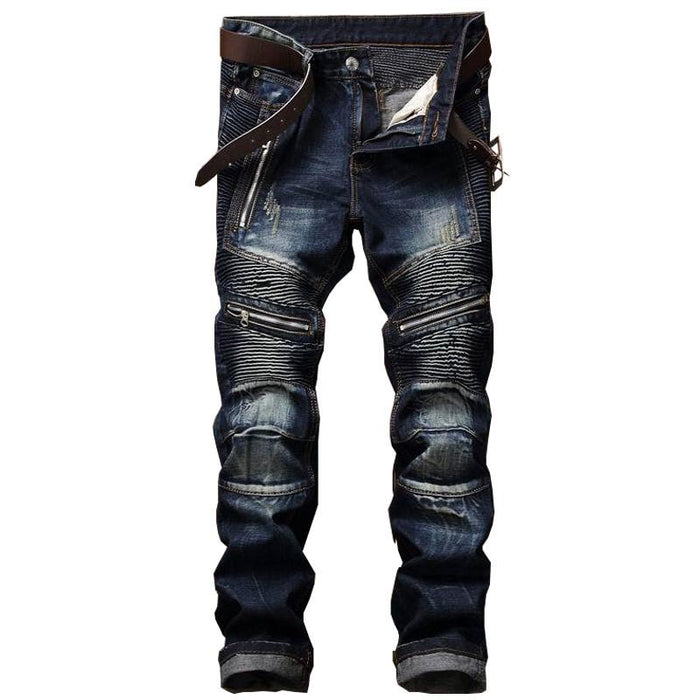 Men Pleated Biker Jeans