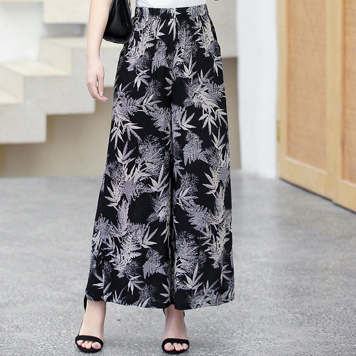 Elastic Waist Mother Wide Leg Pants Floral Pants