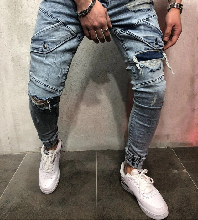 new men's slim jeans black hole men's denim beam blue feet pants