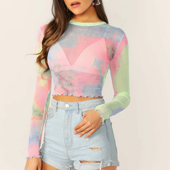 Rainbow mesh printed round neck T-shirt women